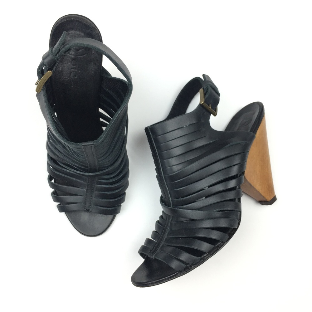Joie Black Leather Strappy Cone Heel Sandal